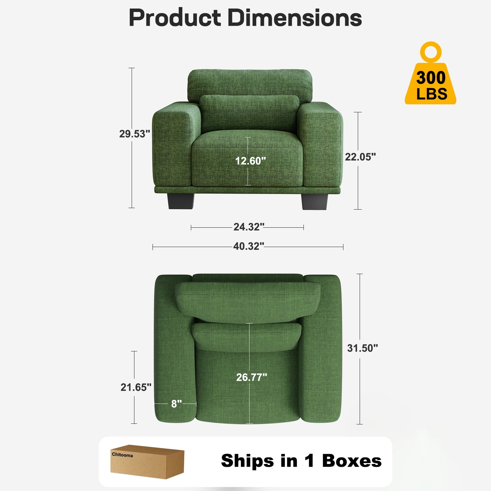 CHITOOMA 40" Oversized Accent Chair, Linen Upholstered Armchair with Washable Covers & Pillow, Wide Armrests, Deep Seat Sofa Chair for Living Room, Bedroom, or Office, Green