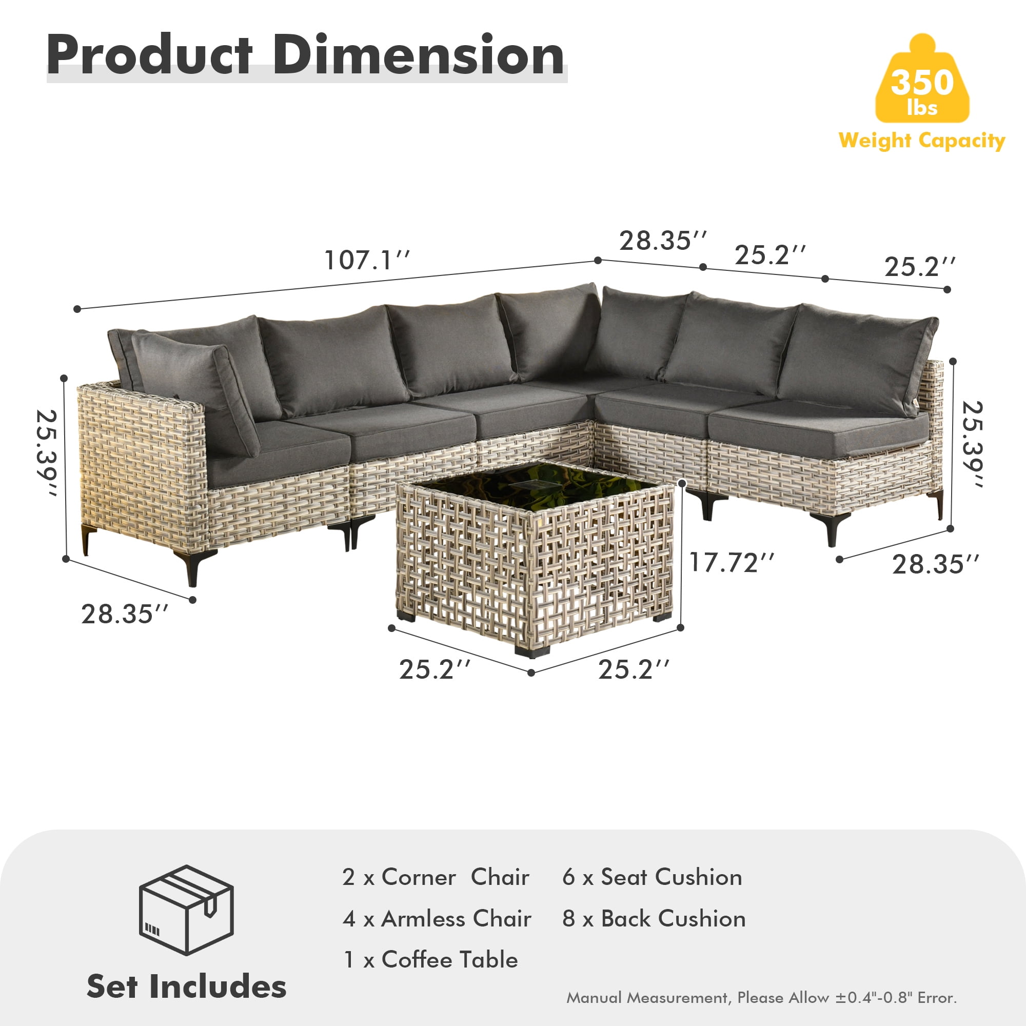 Ovios 7 Pieces Outdoor Patio Furniture Wicker Conversation Sectional with Solar Lamps Coffee Table for Backyard