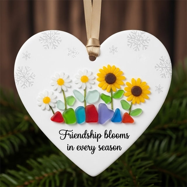 Adorno de Amistad En Forma de Corazón con Vidrio Marino | Adorno de Amistad Hecho a Mano | Recuerdo Único de La Amistad | Adorno para Colgar En El Árbol de Navidad