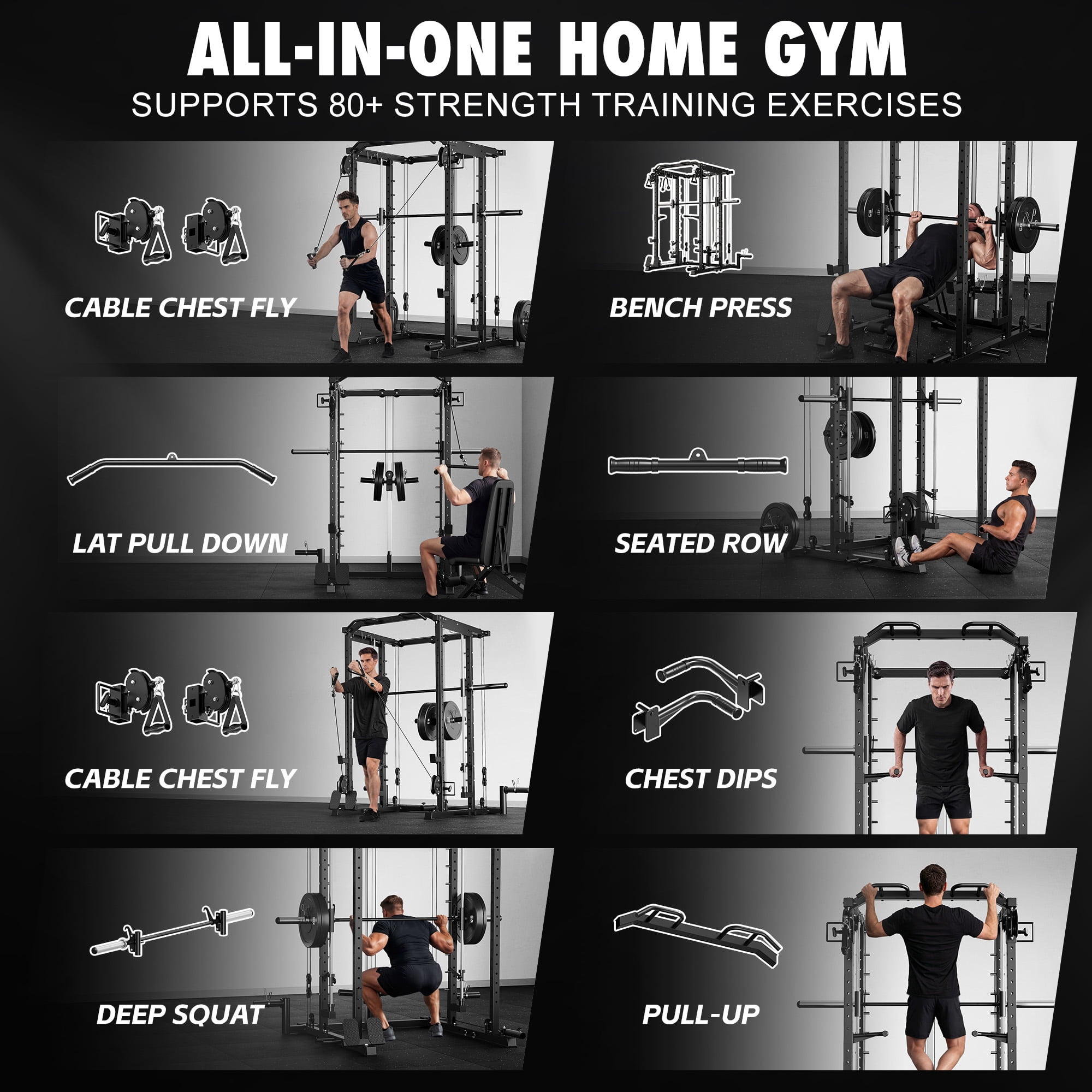 S1-V4 Smith Machine, 2000LBS Power Cage with Cable Crossover System, All-in-One Squat Rack with Smith Bar, Strength Training Equipment for Hone Gym