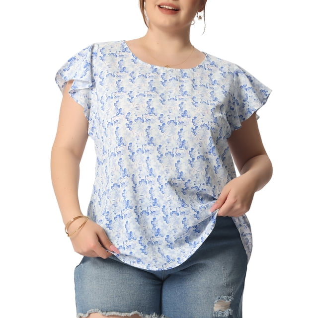 GRACE & GRANDEUR Hauts Floraux Grande Taille pour Femmes Col Rond Manches Courtes Évasées Décontracté Printemps Été Blouse 3X Bleu Blanc