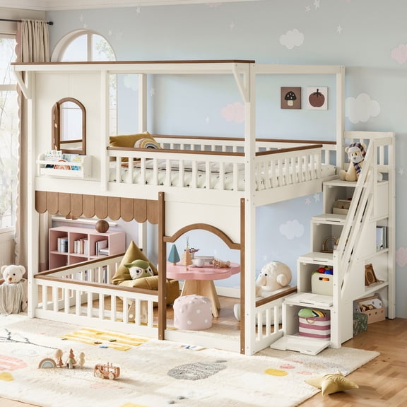 HOQBN Full over Full House Bunk Bed with Storage Stairs, House Bunk Bed with Window & Side Bookshelf, Solid Wood Bed Frame with Play Designed, Convertible Lower Space for Sleep or Play, Beige Natural