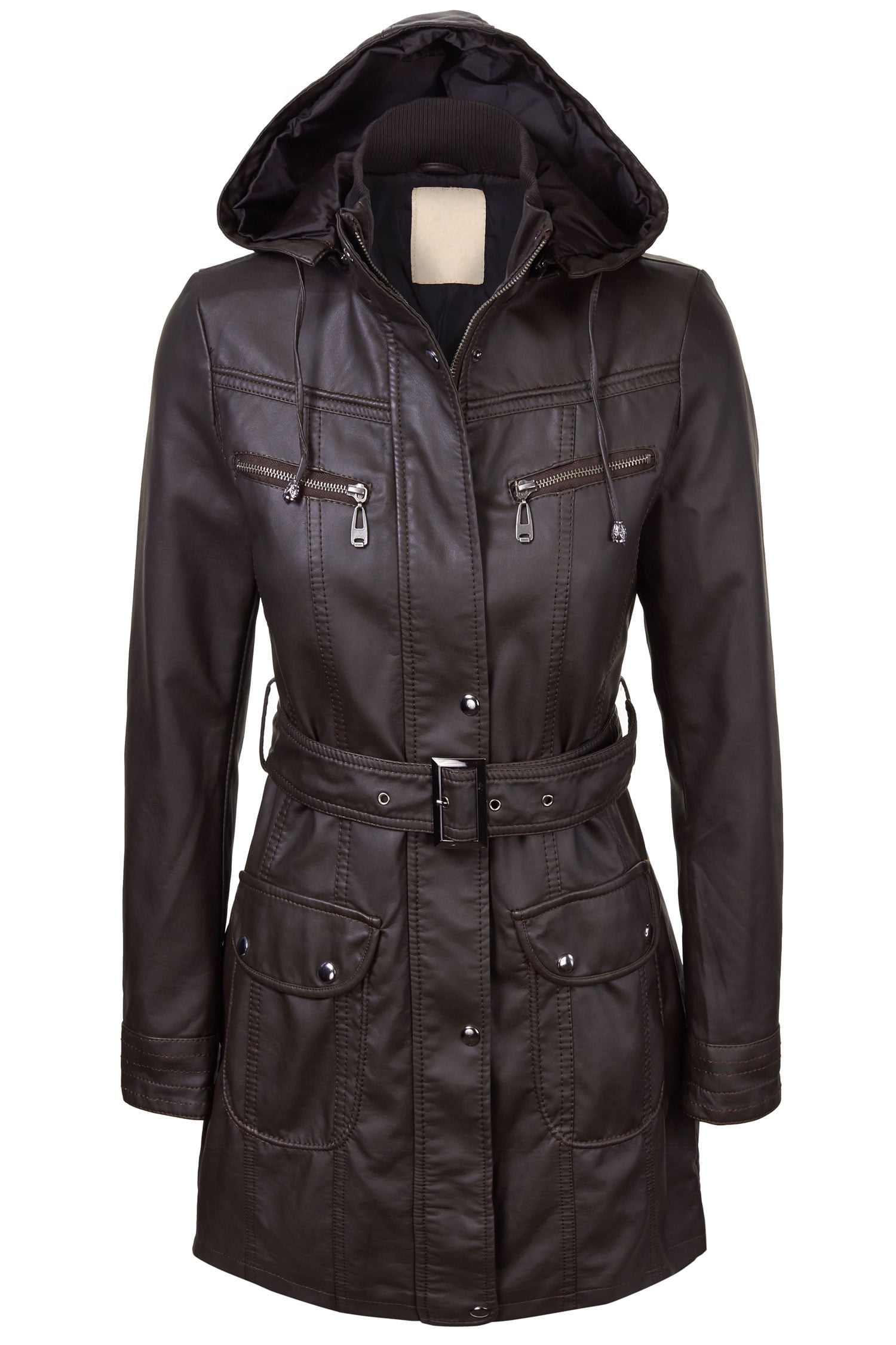 Made By Johnny WJC741 Womens Hooded Faux Leather Trench Parka Coat XS Gray by