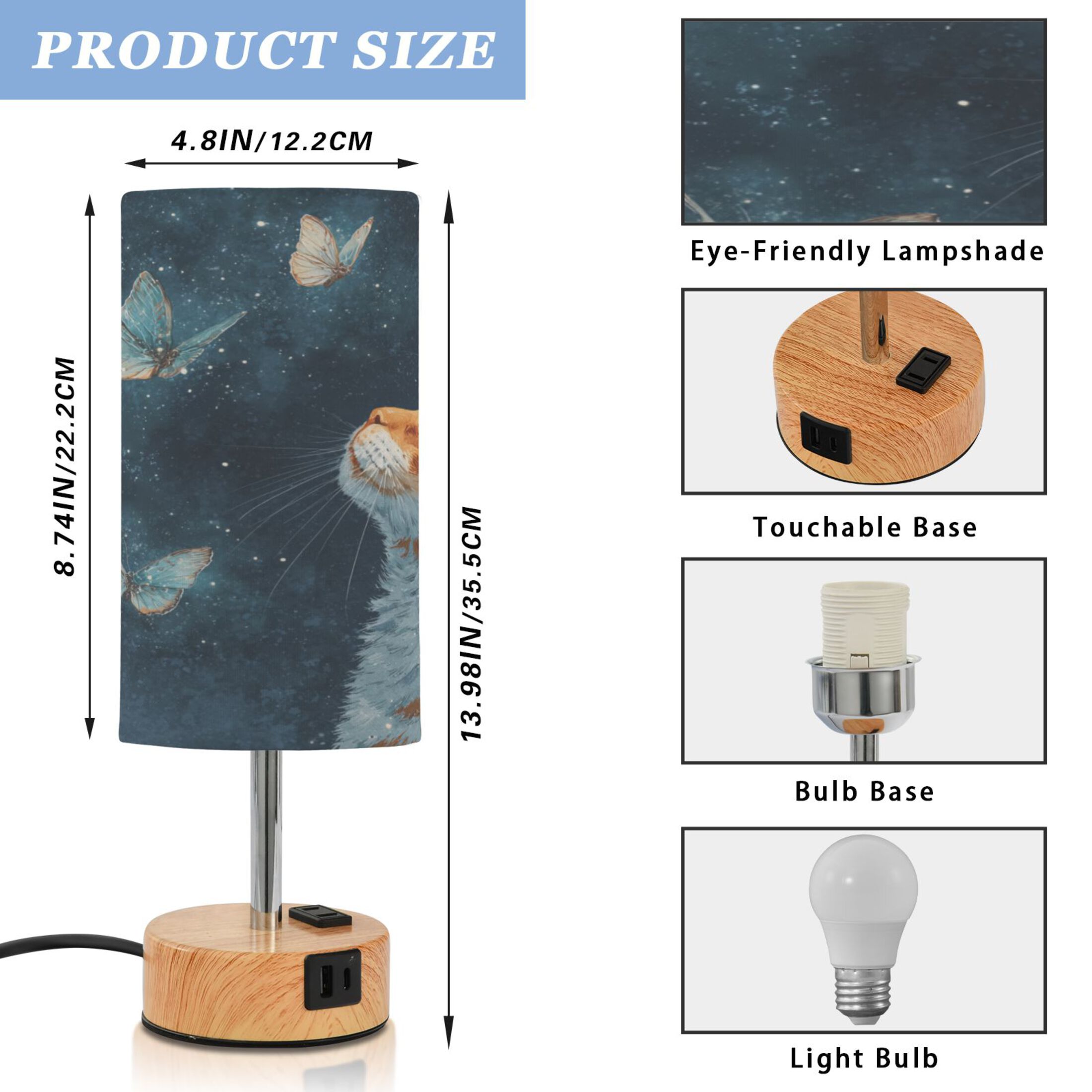 Touch-Control 3-Color Desk Lamp with Plug – Energy-Saving LED + 3 Simultaneous Charging Ports Realistic Cute Orange Cat
