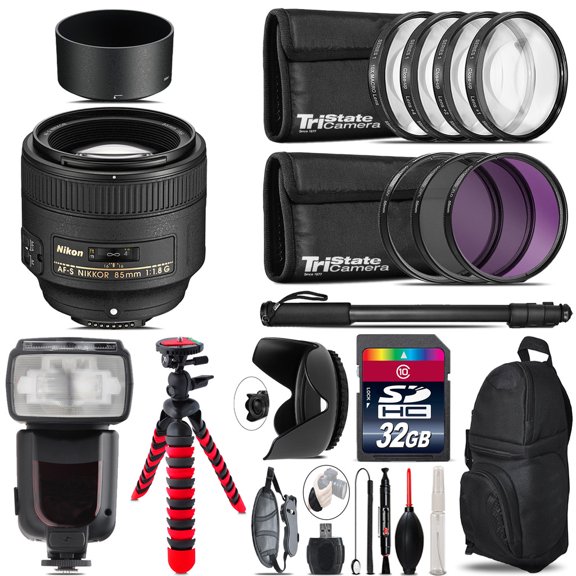 Nikon AF-S 85mm f/1.8G Lens + Professional Flash & More - 32GB Accessory Kit (International Version)