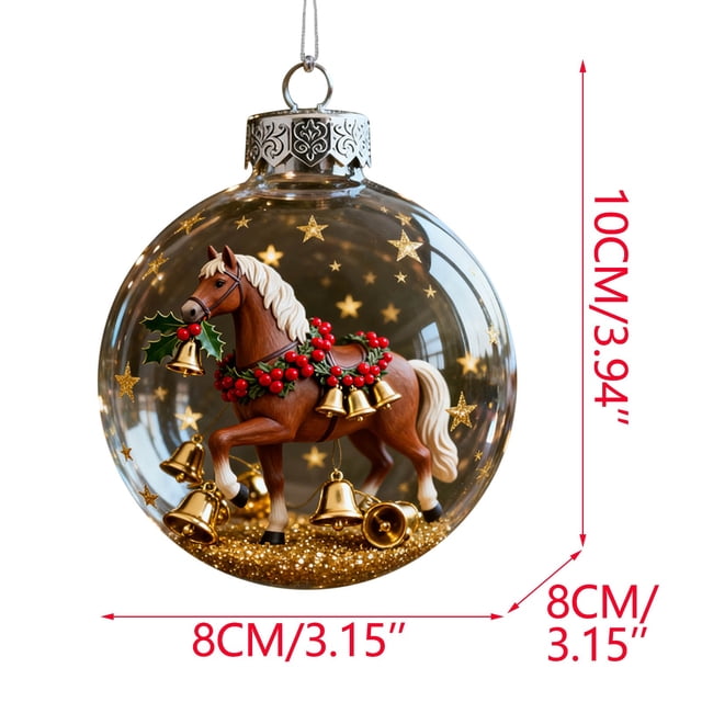 Adornos Navideños de Caballos | Bolas de Acrílico Transparente con Adornos Metálicos y Purpurina Dorada | Escenas Ecuestres | Juego de 8
