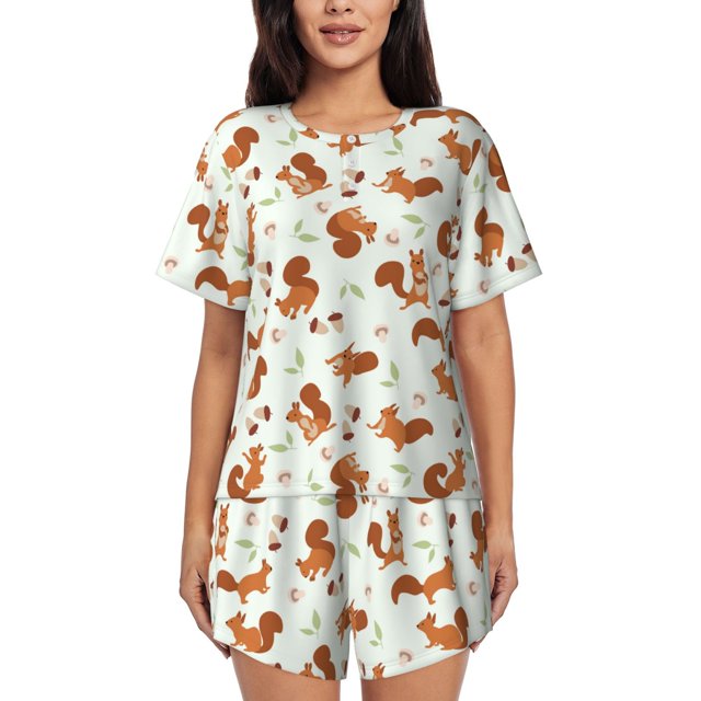 Fotbe Squirrel Playing Conjunto de Pijama Estampado para Mujer, 2 Piezas, Ropa de Dormir con Camiseta de Manga Corta y Shorts Suaves-Small