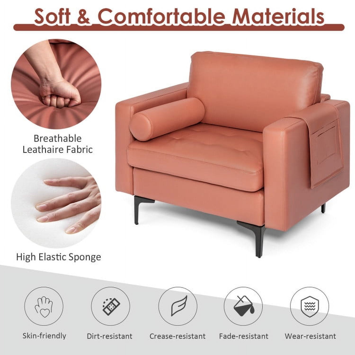 Finihen Upholstered Accent Chair, Modern Accent Chair with Bolster and Side Storage Pocket, for Living Room, Bedroom, Pink