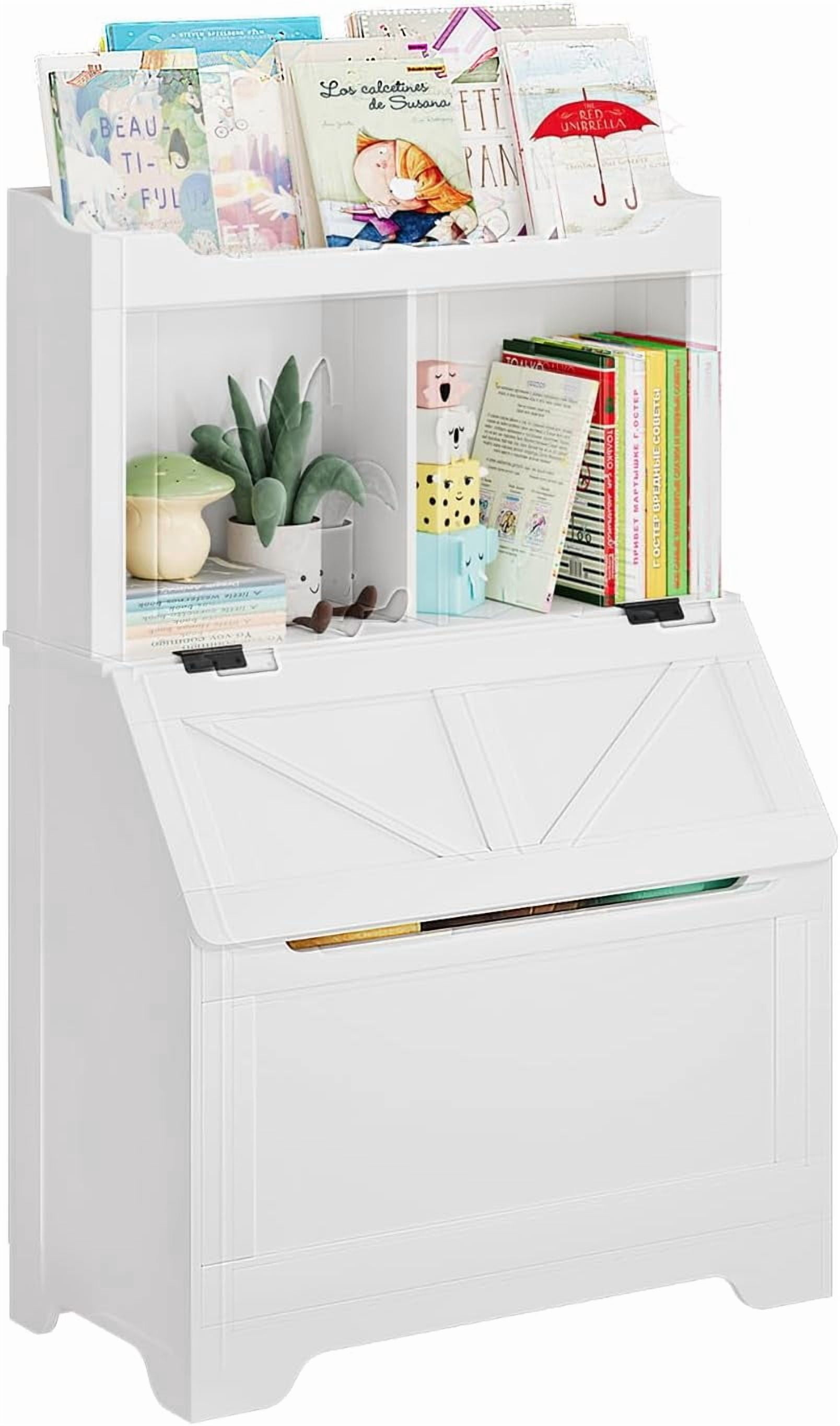 Kids Toy Storage Organizer with Flip-Top Lid & 2-Tier Bookshelf, Wooden Toy Chest and Bookcase for Playroom, Bedroom, Nursery, White
