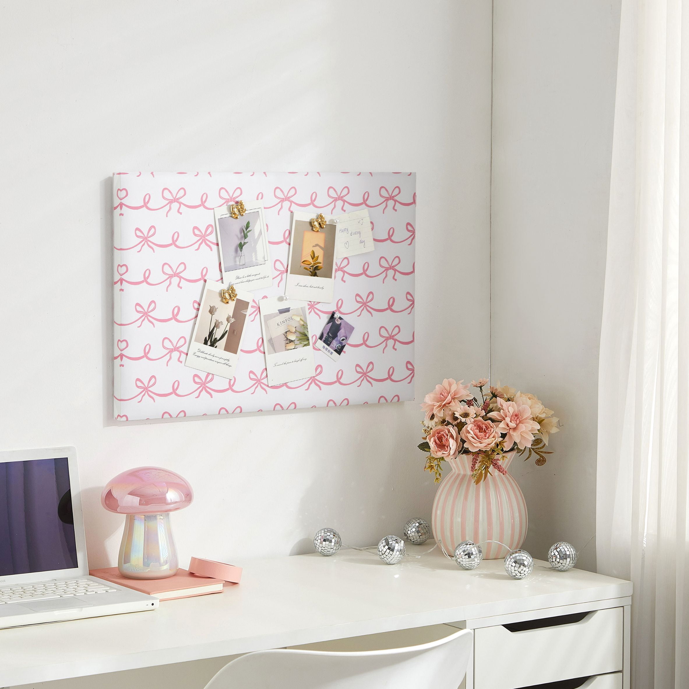 Urban Shop Dorm Bulletin Board, 24" x 16", Pink, Ribbon Print, Decorative Bow & Pearl Push Pins Included