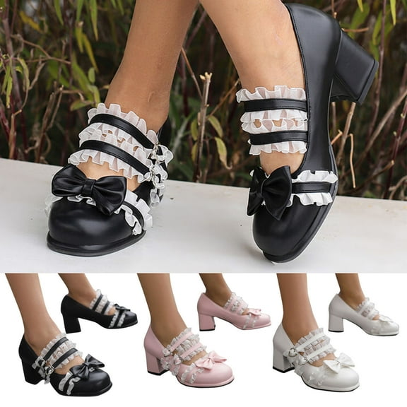 Jacenvly 2024 New Thick Heel Shallow Mouth Buckle Solid Bow College Low Top Shoes Black Sandals for Women
