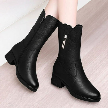 

2024 genuine mid-calf boots for women autumn and winter New fleece-lined warm boots mid heel chunky heel women‘s cotton boots snow boots