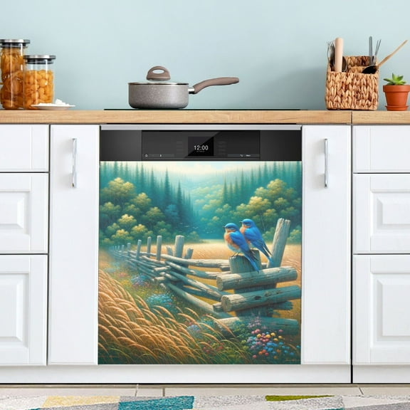 Dishwasher Magnet Cover Magnetic Fridge Door Cover Home Kitchen Decor Bluebirds and Forests 23"x 26"