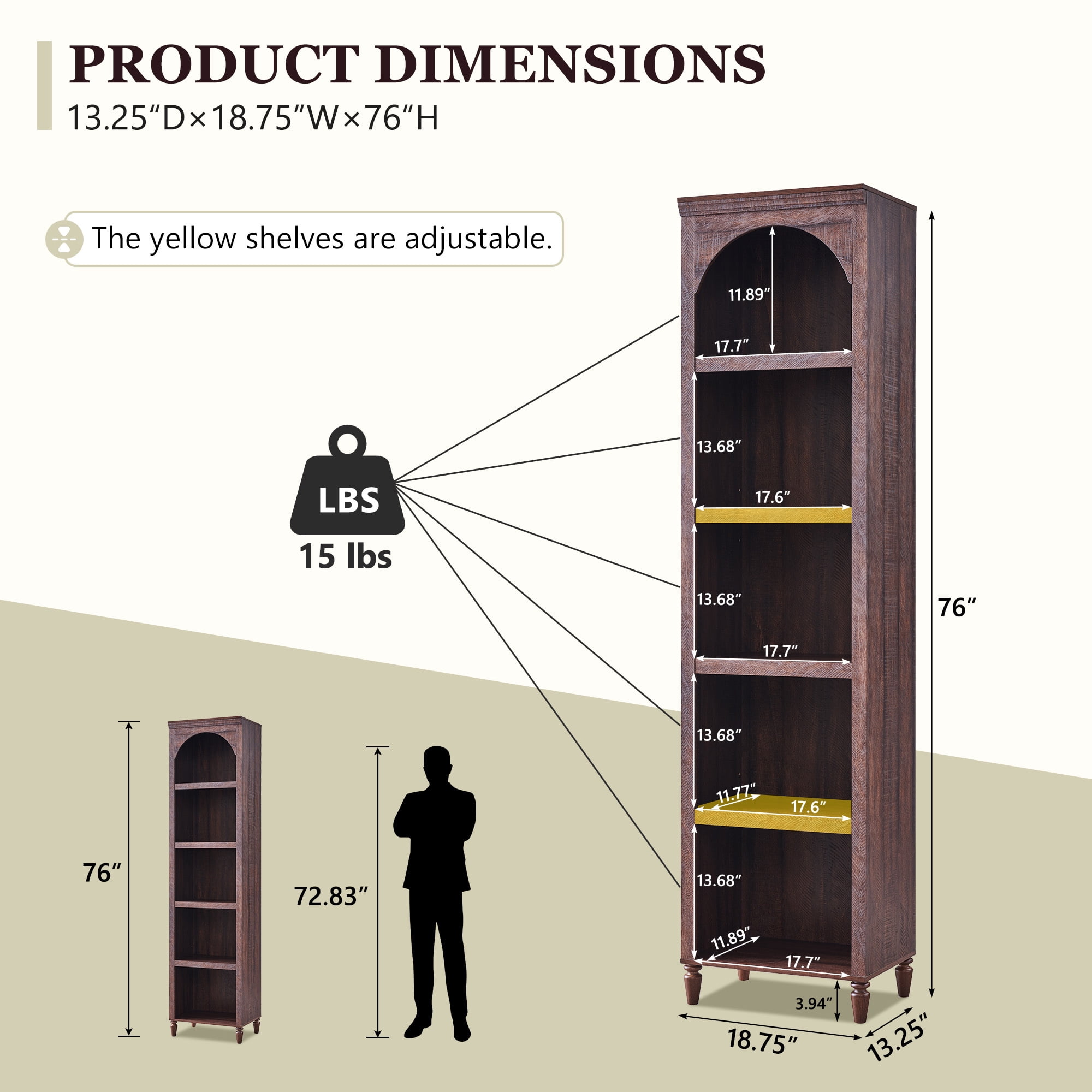 SinCiDo Arched Bathroom Storage Cabinet with Adjustable Shelves, 5-Tier Narrow Bathroom Cabinet for Bathroom, Kitchen, Living Room, Brown