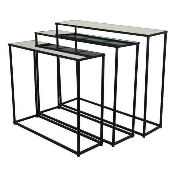 Kellie Nesting Plant Stand Table Set of 3, Black Metal, Glass Tops