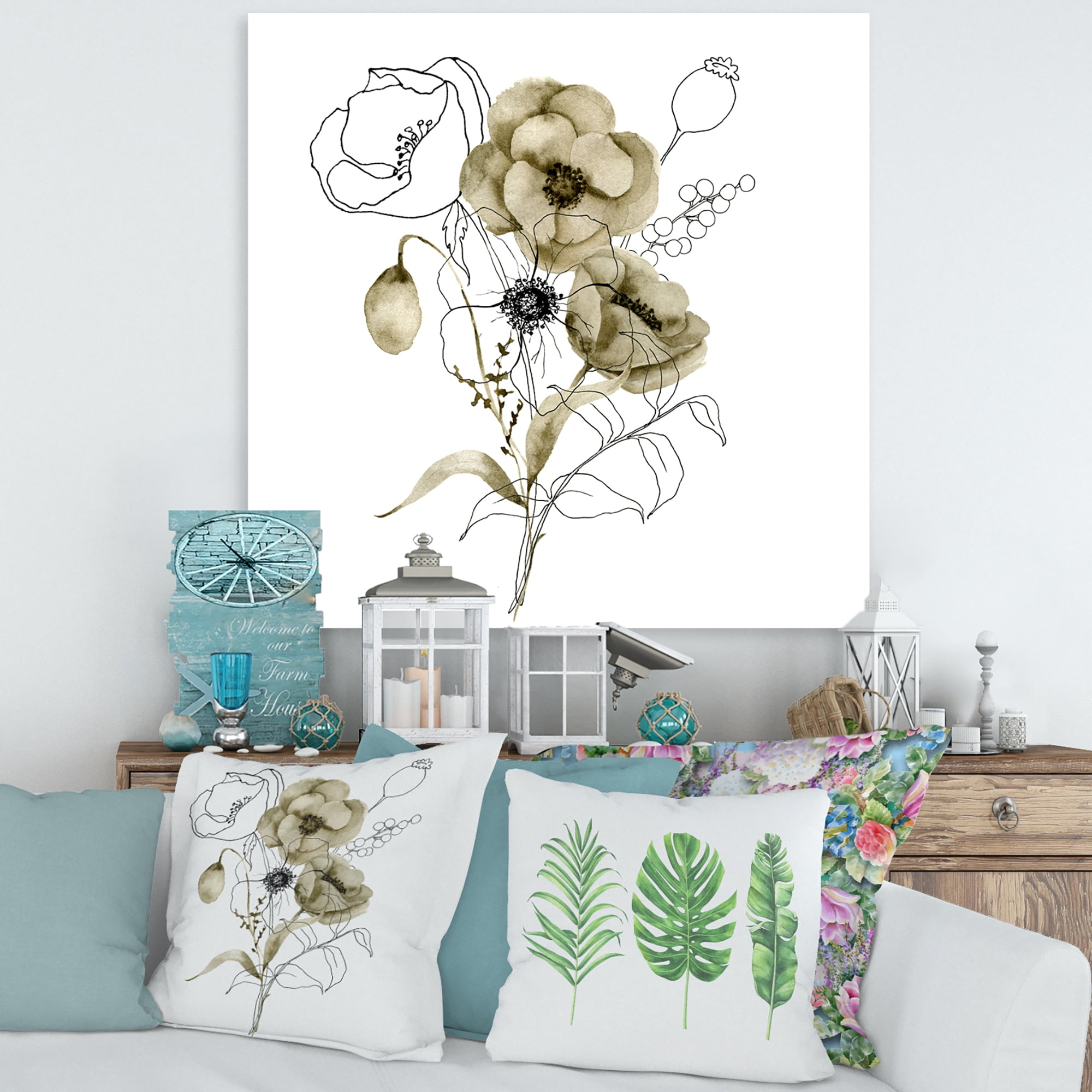 Designart ' Eucalyptus Branches With Anemone Bouquet Flower ' Traditional Canvas Wall Art Print