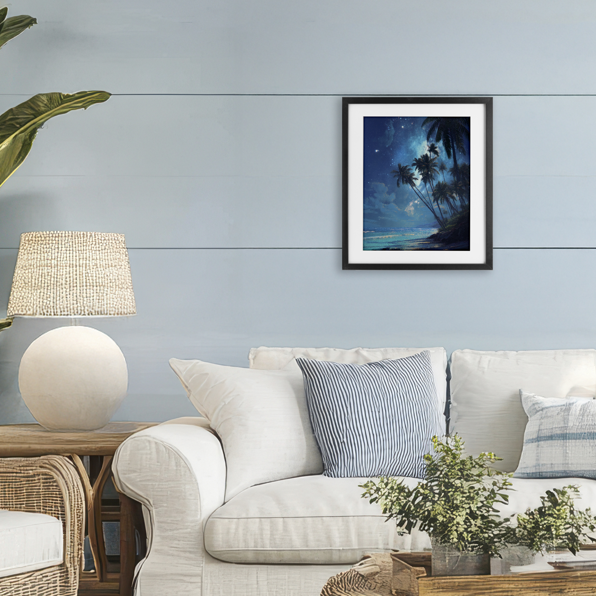 Moonlit Beach Palm Trees Black Framed Print Under Glass, design by Ziwei Li