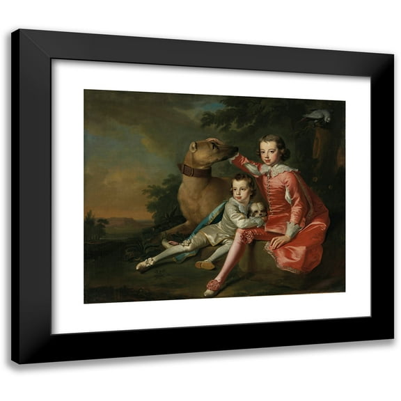 Thomas Hudson 14x12 Black Modern Framed Museum Art Print Titled - Portrait of John and Robert, Sons of Robert Ker, 2Nd Duke of Roxburghe, in Van Dyck Costume with Their Two Dogs (1752)