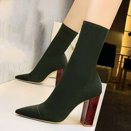

ERTUTUYI Fashion Autumn Women Ankle Boots High Heel Thick Heel Pointed Toe Solid Color Fabric Comfortable Slip On Green 37
