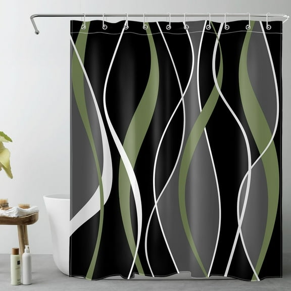 HVEST Modern Geometric Shower Curtain with Abstract Green Black and Gray Line Design - Retro Minimalist Bathroom Decor, Waterproof Polyester Fabric, Includes 10 Hooks, 60x72 Inches