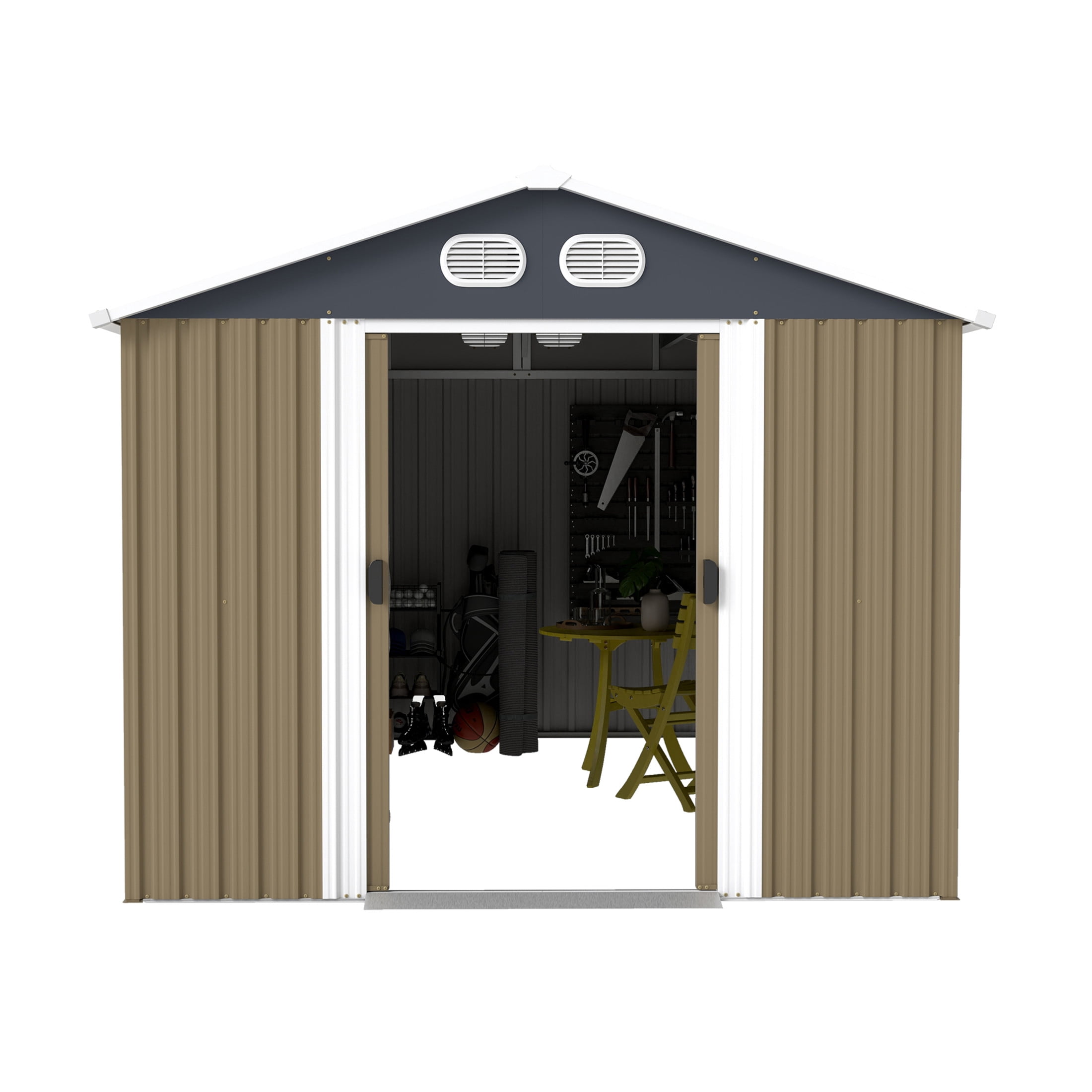 Noble House 8 x 12 FT Outdoor Metal Tool Storage Shed with Lockable Doors and Air Vents, Waterproof Garden Shed, Brown