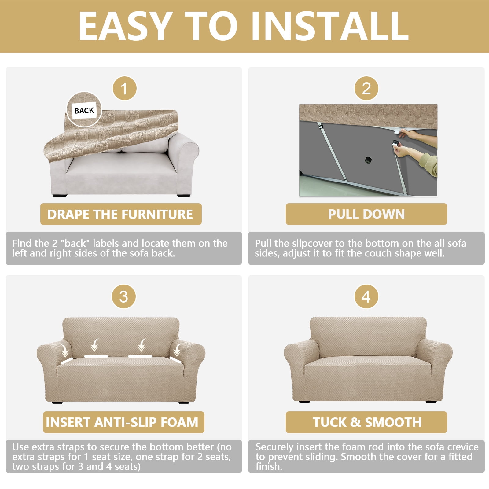 JIATER 1-Piece Sofa Cover Stretch Couch Cover Washable Sofa Slipcover Furniture Protector for Loveseat Sofa,Khaki