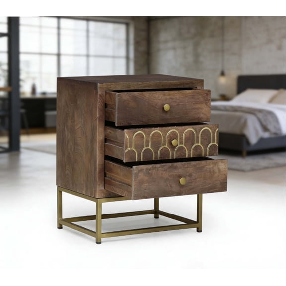 Farmhouse Chic Vintage Nightstand, Antique Bedside Table with 3 Soft-Close Drawers, Mango Wood, Gold Legs