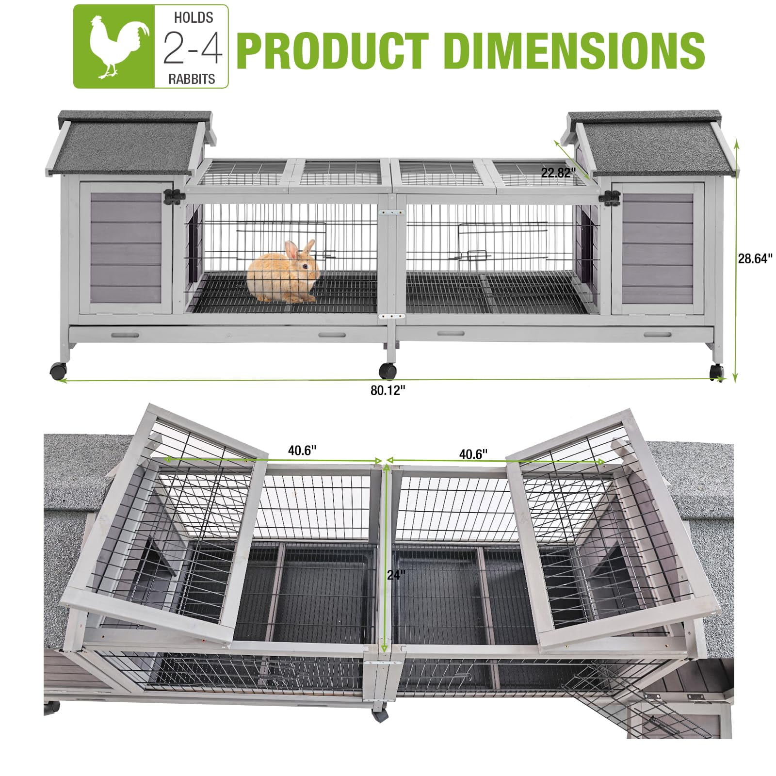 MEDEHOO Rabbit Hutch Outdoor Bunny Cage Indoor with Large Space Guinea Pig House on Wheels 10.4 ft², No Leak Trays, Run
