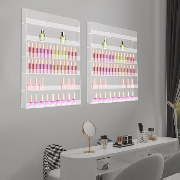 2 Pack Nail Polish Wall Racks, Acrylic Clear Nail Polish Shelf Organizer Wall Mounted, Nail Polish Wall Mounted Acrylic Display Rack