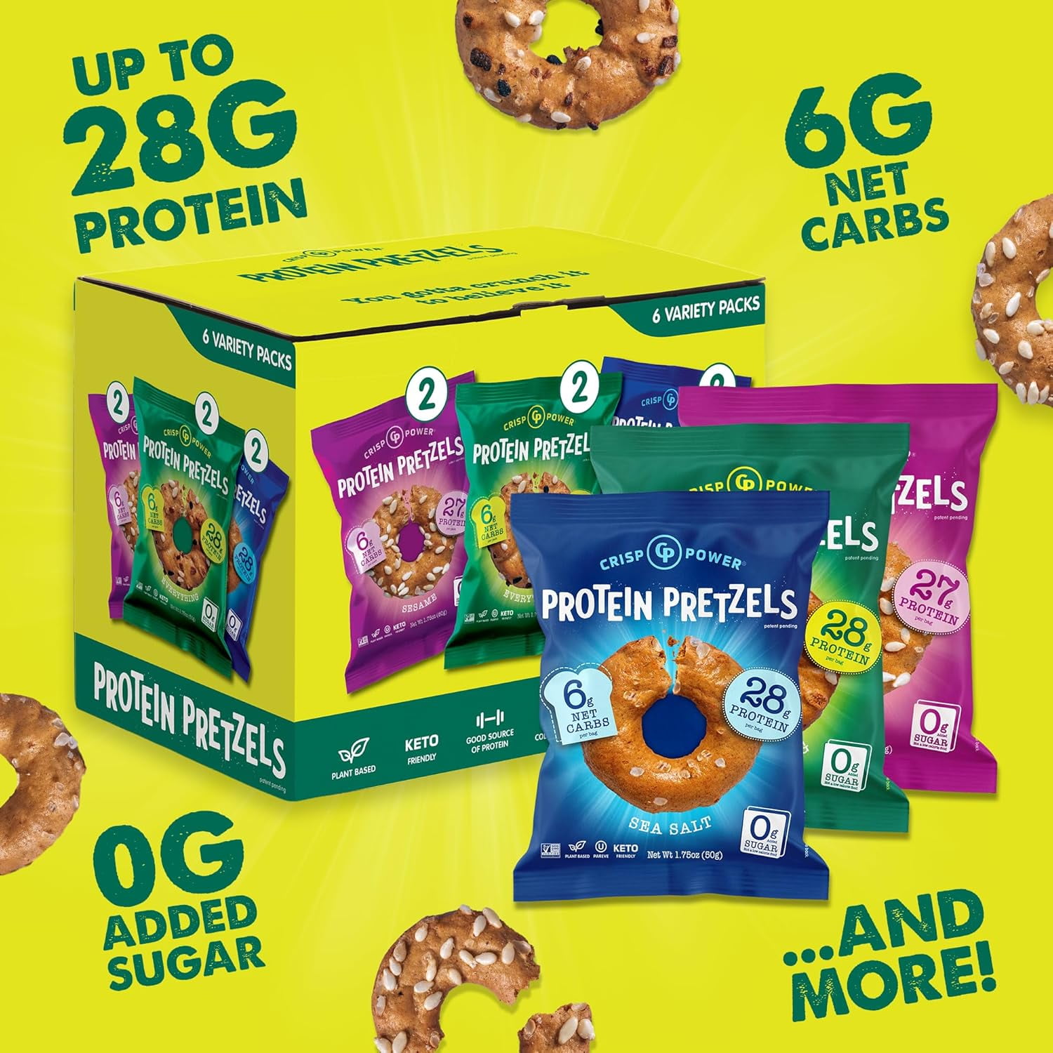 CRISP POWER Protein Pretzels, Variety Pack With Sea Salt, Sesame, & Everything, Up To 28G Protein, High Protein Snack, High Fiber, Low Carb Crunchy Pretzel Snacks, No Added Sugar, 1.75 oz Bags, 6 Pac