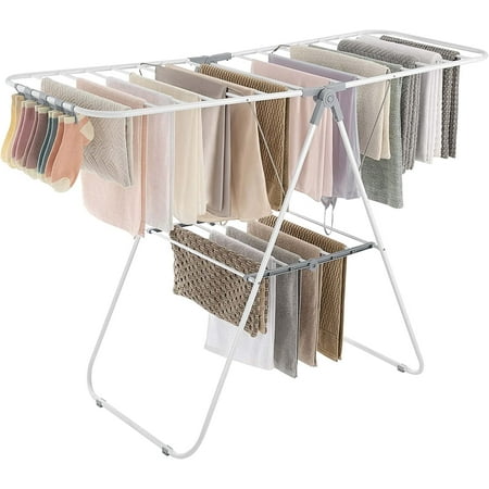 SONGMICS Clothes Drying Rack with Sock Clips Foldable Laundry Rack with Height-Adjustable Gullwings Space-Saving White and Gray