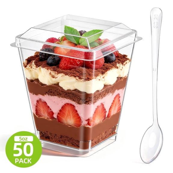 TINANA 50 Pack 5 oz Plastic Dessert Cups with Lids, Yogurt Parfait Appetizer Cup with Lids for Party, Mini Dessert Cups with Spoons Dessert Shooter Cups for Pudding, Fruit and Ice Cream