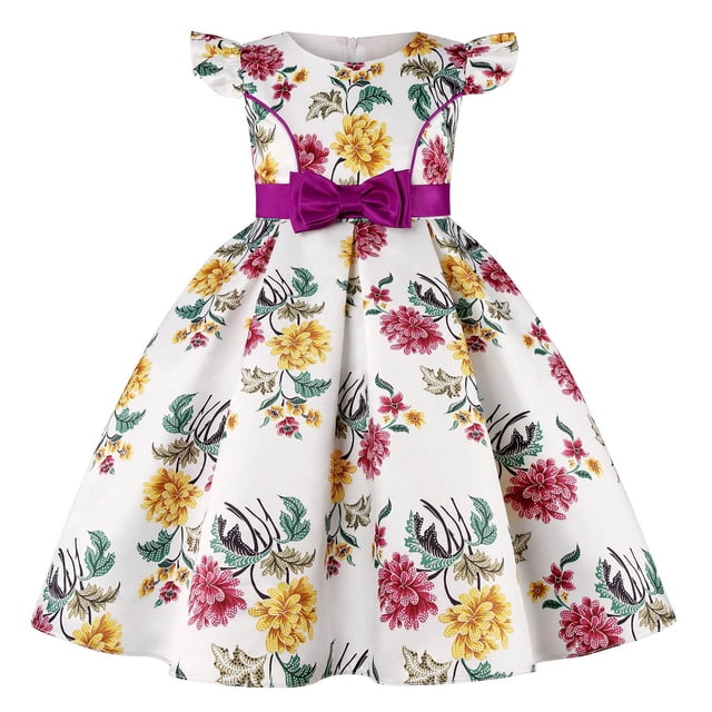 WEAIXIMIUNG Robe de Fête pour Enfants Filles Mode Été Imprimé Floral Manches Volantes Jupe Nœud Robe de Soirée Vêtements pour Enfants 4-5 Ans