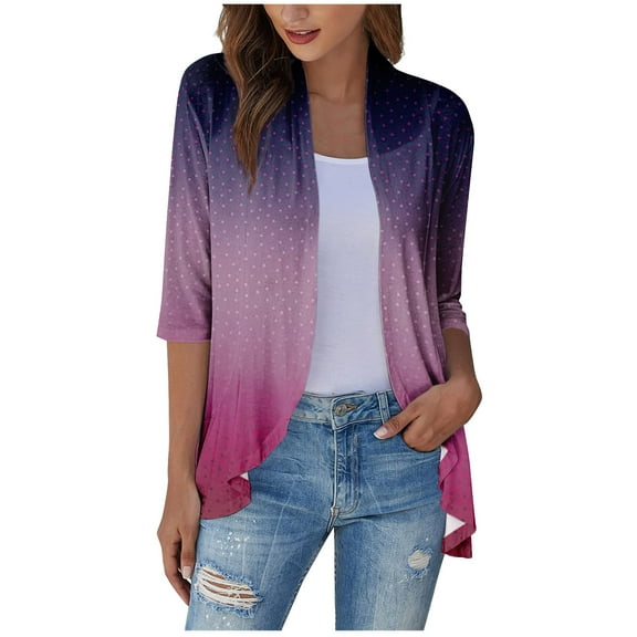 ZKIRBJV Cardigan Sweaters for Women 3/4 Sleeve Pink Shrugs for Women Lightweight Open Front Shrug Cardigan Floral Print Dressy Casual Cute Outwear Coat Purple 3XL