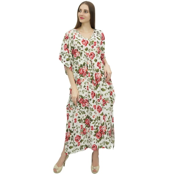 Bimba Women's Floral Printed White Full Kimono Sleeve With Drawstring Kaftan-26