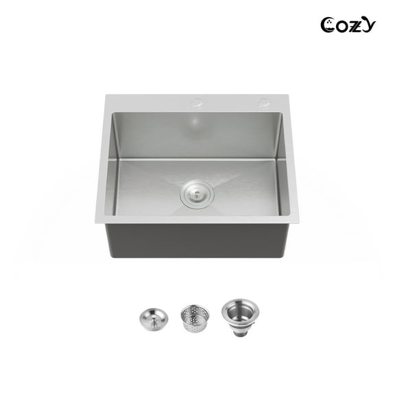 Stainless Steel Single Bowl Kitchen Sink 23x19 inch, 1-Piece Overmount Brushed with US Drain & Hook, SS-BR02D-231908
