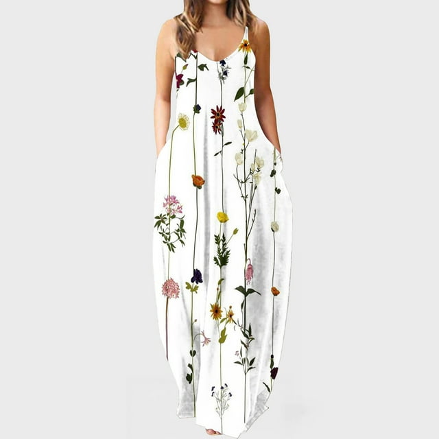SMihono Robe Maxi Bohème d'Été pour Femmes Grande Taille Robes Maxi d'Été Décontractées Col en V Sans Manches Vacances Plage Poches Longue Robe de Plage