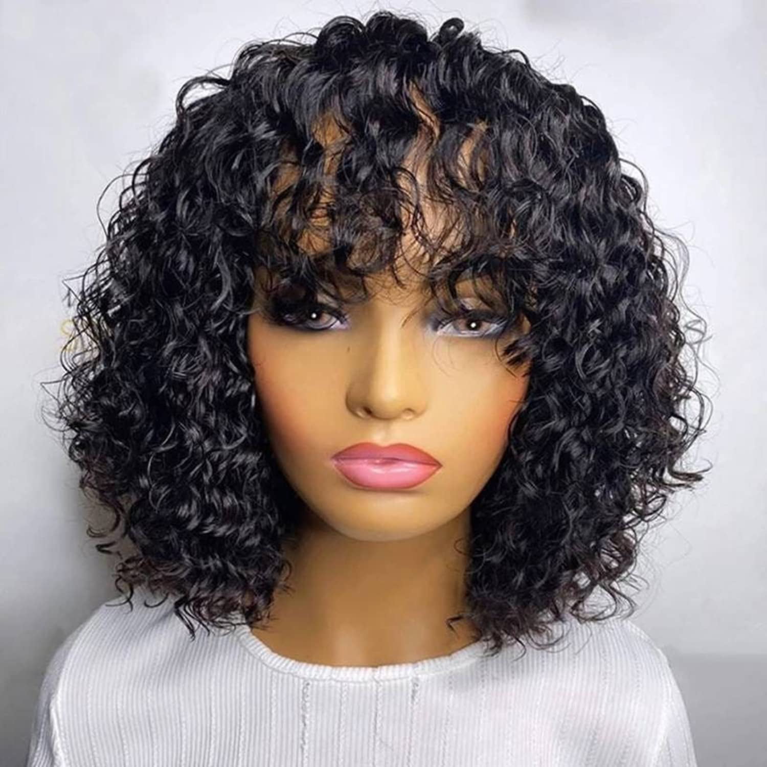 10Inch Short Curly Wigs with Bangs Water Wave Bob Wig Human Hair Short Black  Wig for Black Women 