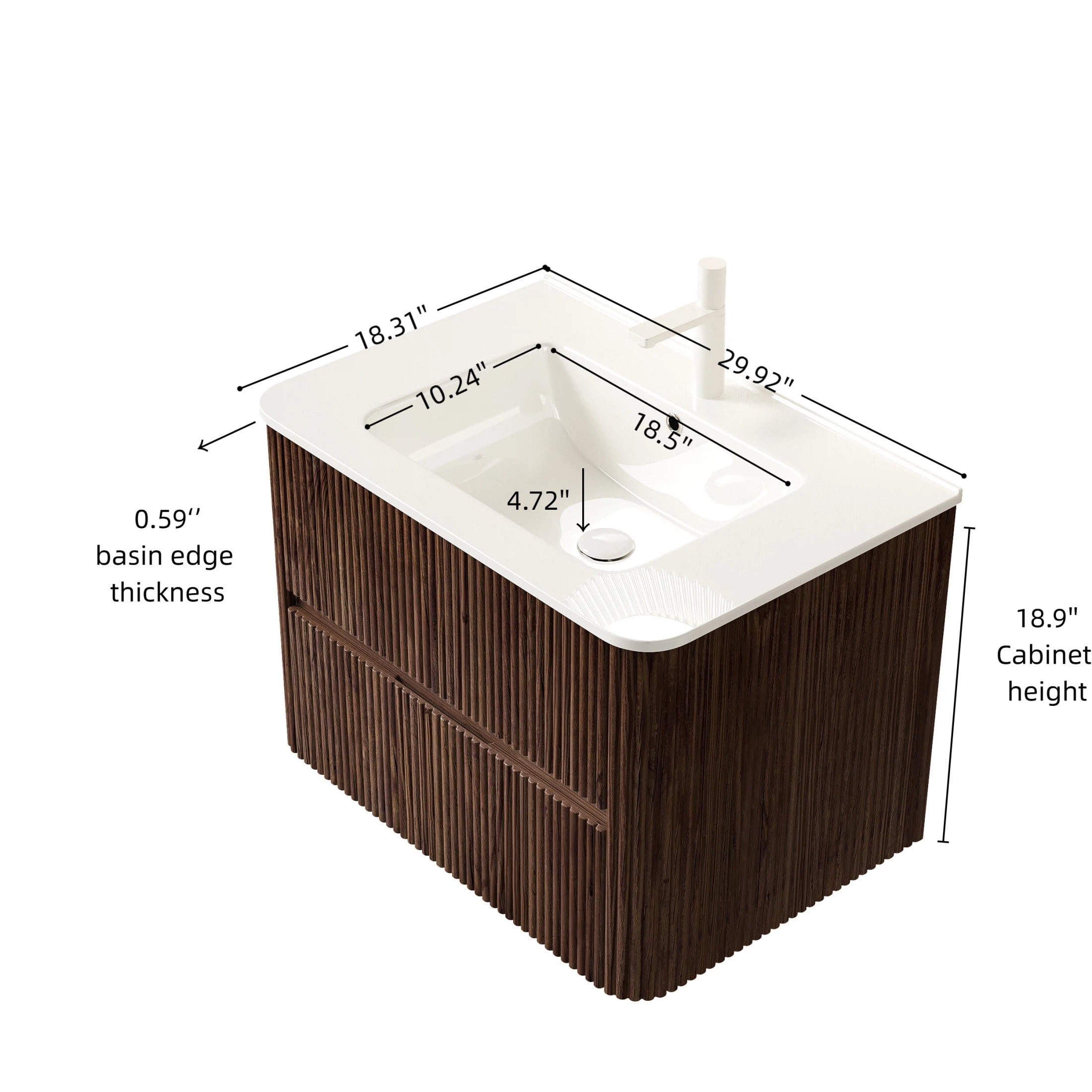 Noble House Noor 30" Floating Bathroom Vanity with Seamless Ceramic Basin, Retro Soft-Close Drawers, Walnut