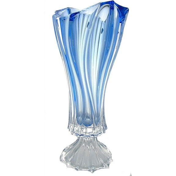 Aurum Crystal AU52047, 16" Plantica Footed Bud Vase, Bohemian Glass Blue Stemmed Flower Jar