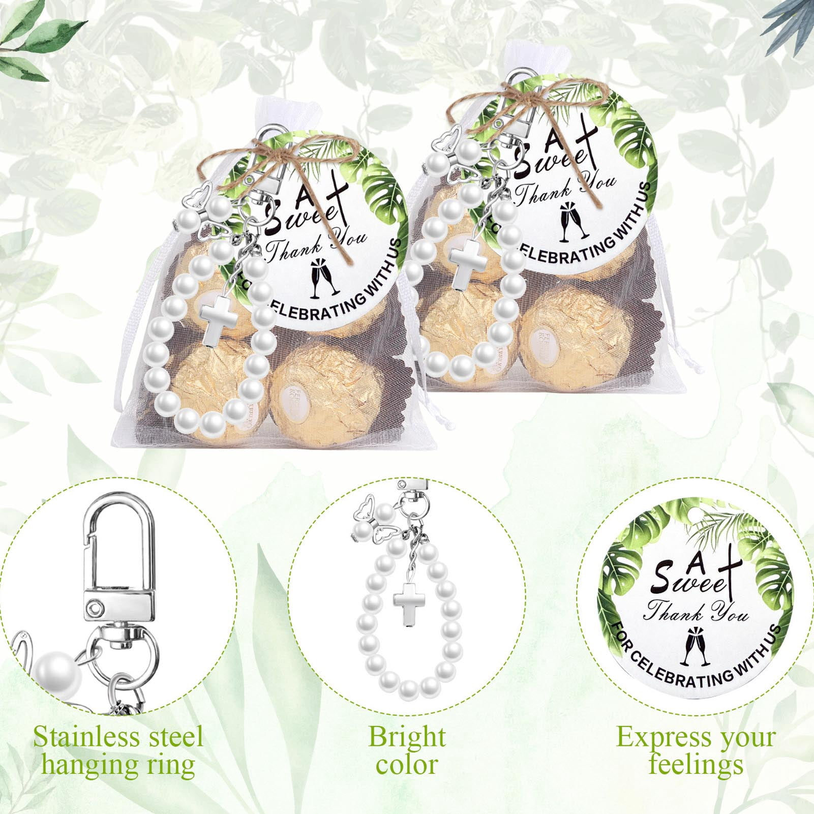 NFTIGB 20 Set Pearls Crosses Keychains with Organza Bags Tags and 32.8 Feet / 10m Hemp Rope, Multifunctional Pearl Beaded Key Rings Party Favors for Baptisms Religious Celebrations