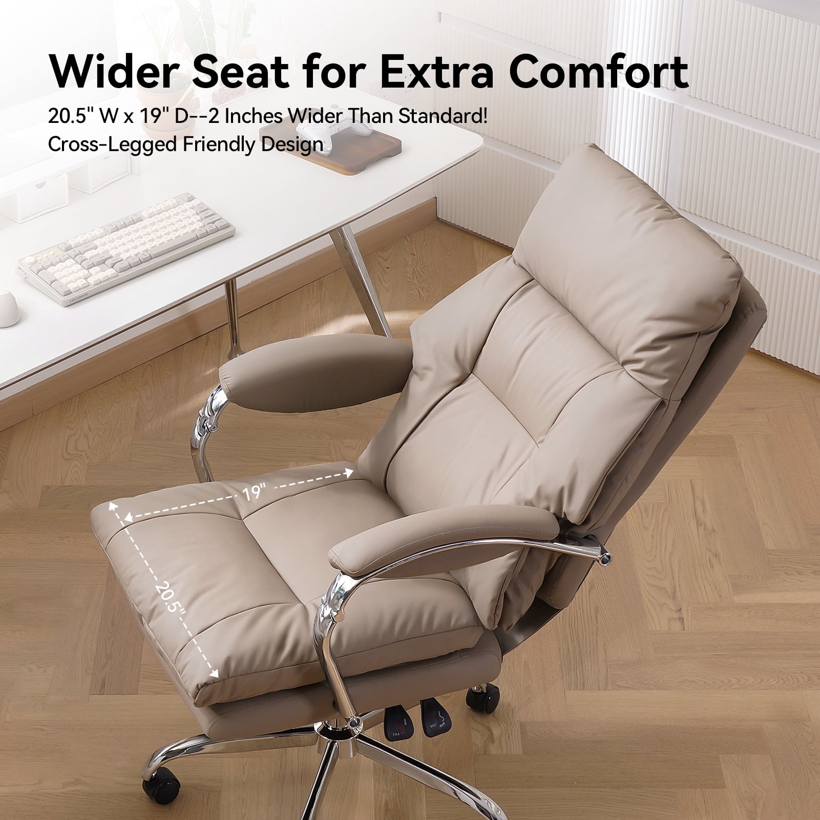 LEAGOO Office Chair with Foot Rest, Reclining Ergonomic Executive Office Chair with Armrests, High Back PU Leather Comfy Swivel Computer Chair with Wheels 300lbs, Tan