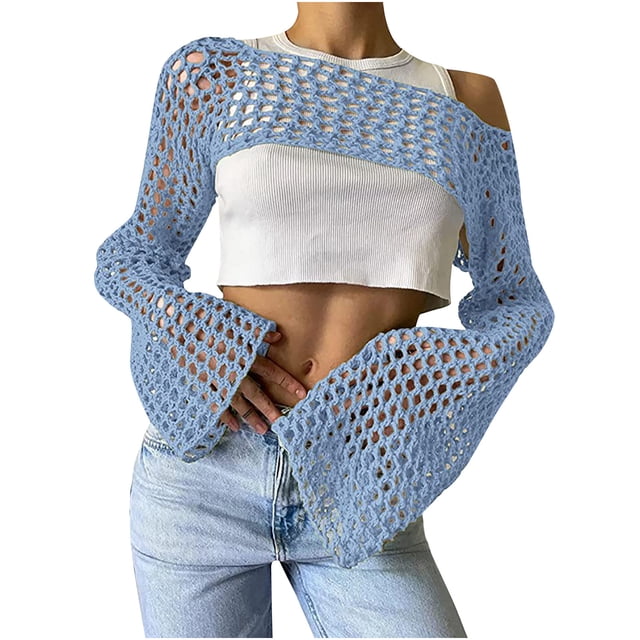 Maillots de Bain pour Femmes, Chemise en Tricot Ajouré, Col Rond Uni, Manches Longues, Hauts Tricotés Aguichant, Maillots de Bain pour Femmes en Liquidation