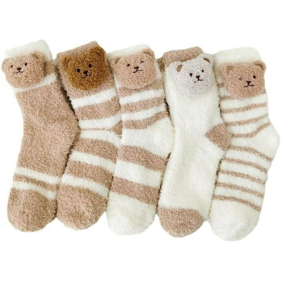 GYTY Womens Fuzzy Socks 5 Pair Cute Bear Slipper Socks Warm Animal Cozy Thick Fluffy Socks Kawaii Winter Long Socks