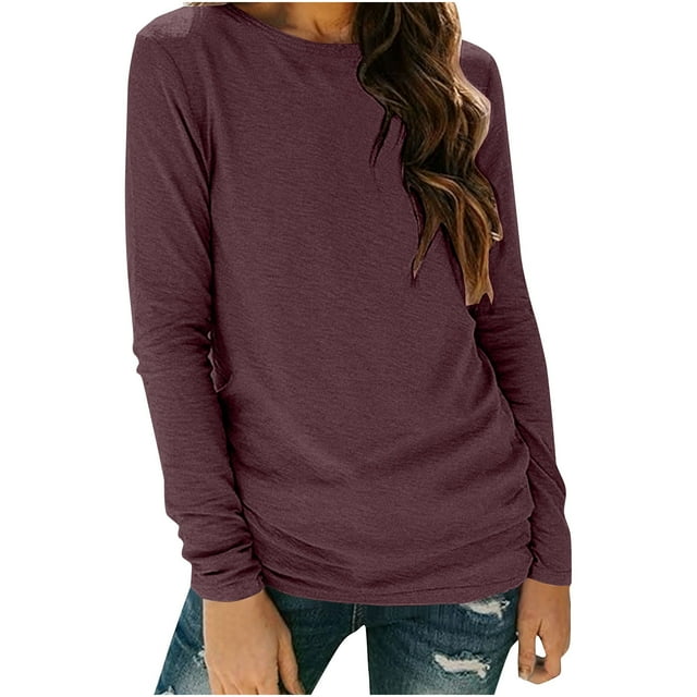 Plebaso Long Sleeve Shirts for Women Round Neck Basic Tee Tops Casual Solid Color Womens Soft T-Shirts