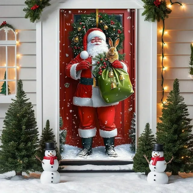Cubierta Navideña para Puerta | Tela de Poliéster de Seda Helada | 35.4 X 70.8 Pulgadas | Decoración Navideña Duradera y Resistente a Las Arrugas | Ambiente Festivo Rojo y Multicolor | Fácil de Insta