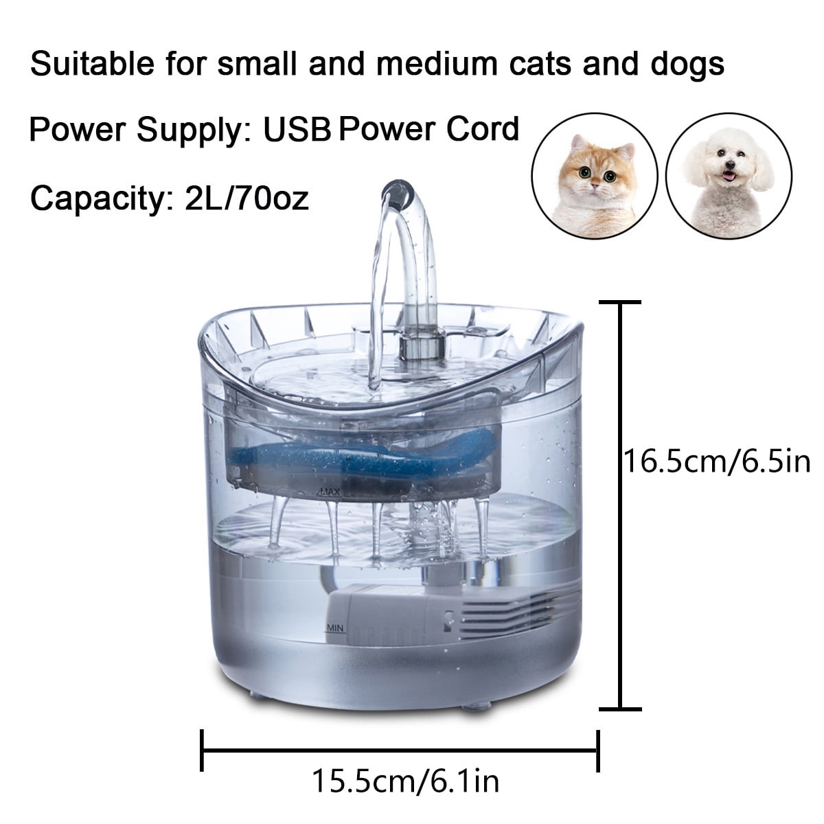 Petavista 2L/70oz Cat Water Fountain for Drinking Automatic Pet Water Dispenser for Cats, Small Dogs