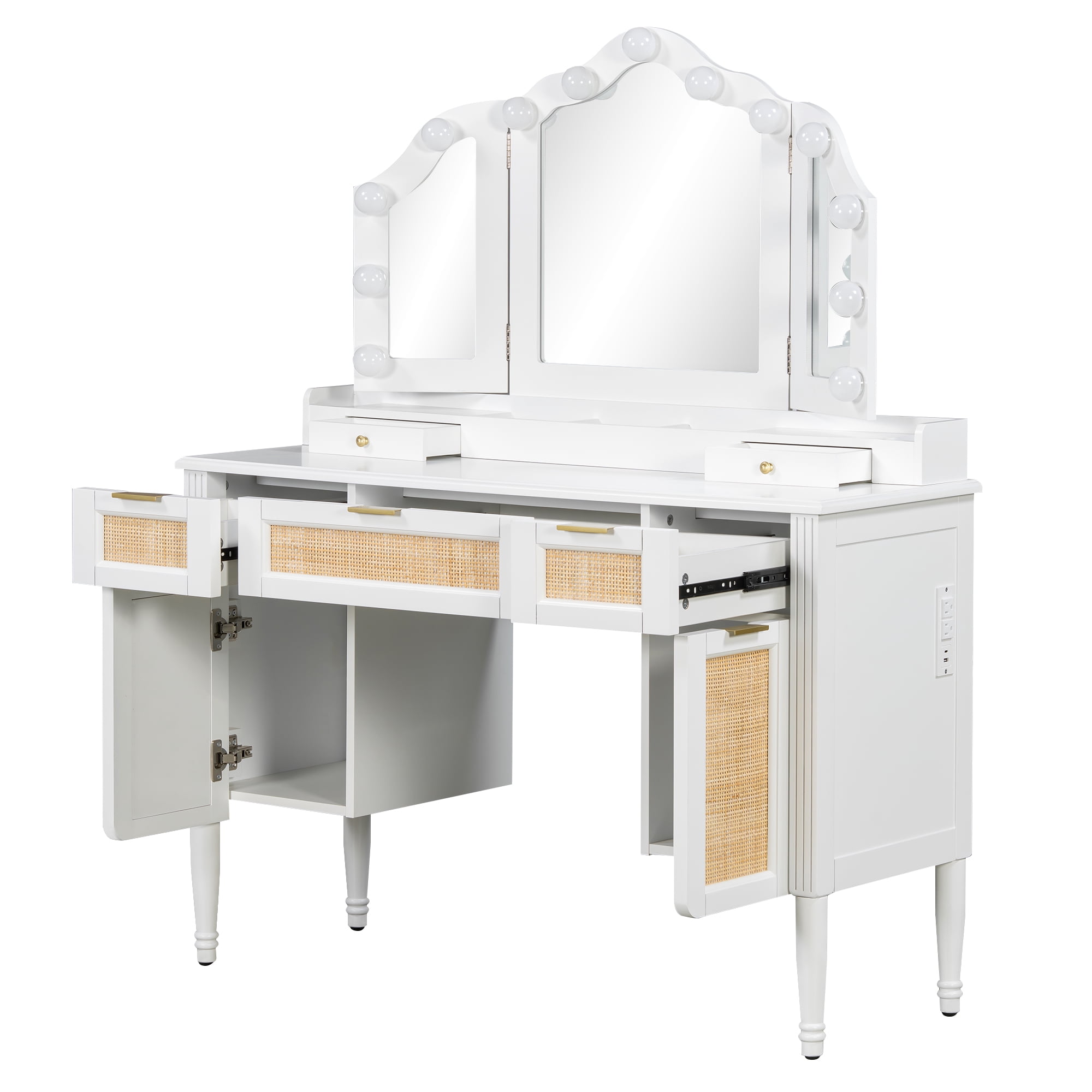 Aukfa Luxury Makeup Vanity Set with Tri-Fold Mirror & Lights, Large Vanity Desk with 5 Drawers, Tool and Built-In Outlets,White