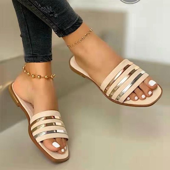 NexTorq Dressy Sandals Women, Womens Beach Sandals, Women's Sandals, Summer Shoes for Women, Women's Flat Slide Sandals Comfortable Strappy Sandals with Metal Trim for Casual Wear, Beige, 5.5 (36)