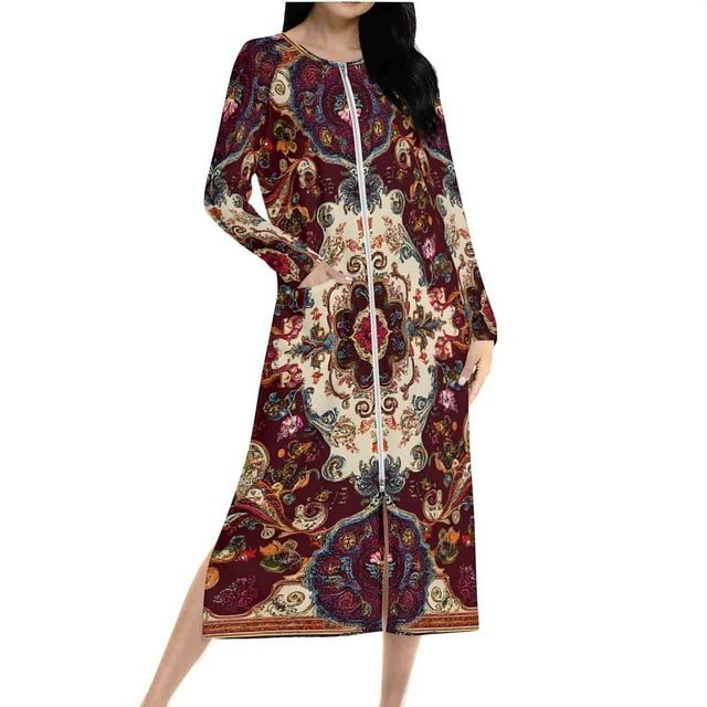 Ovingeta Robe de Nuit Raglan pour Femmes, Tenue d'Intérieur, Robe de Pyjama à Fermeture Éclair Intégrale, Imprimé, Vêtement de Nuit, Blouses Brossées, Vêtements, Robes de Nuit Pleine Longueur, Pyjamas à Manches Longues